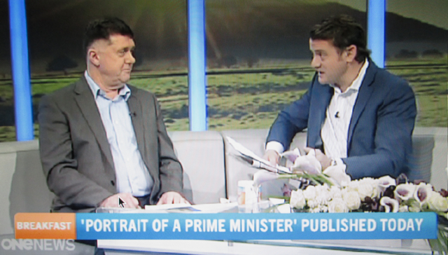 Launch-day Set Piece: Smirking biographer John Roughan downplayed the political bias behind the book project on TV One's "Breakfast" news show.