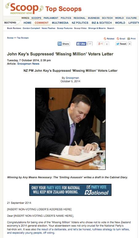 ‘Nice Guy’ Key: NZ’s Prime minister drafts of the smugly-toned ‘Missing Million’ voters letter in Cabinet Diary .