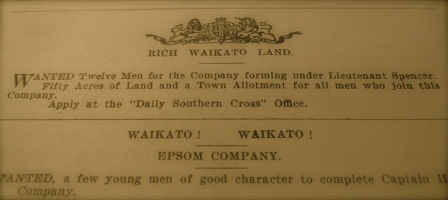 Militia Enticement: This advertisement states that premises of the Daily Southern Cross newspaper is also a recruitment office for raising a Waikato Militia. 
